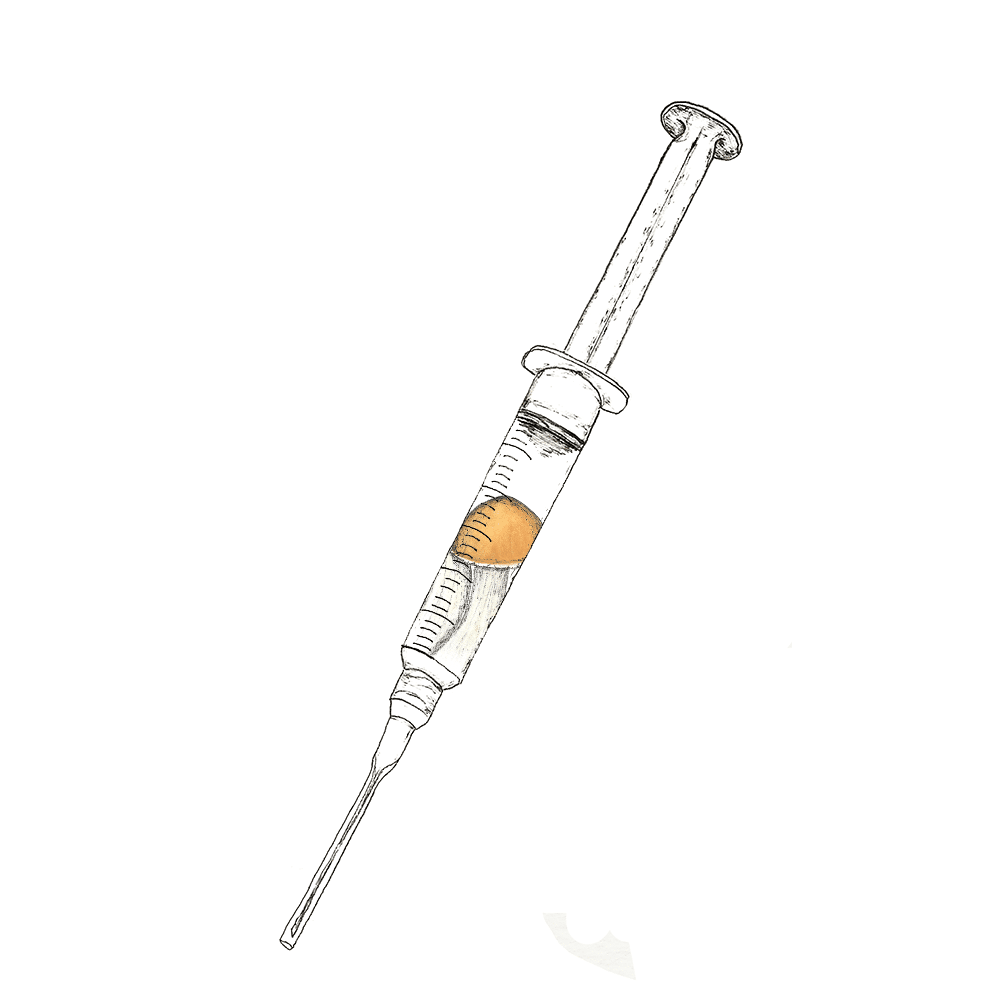 Watercolor depiction of B+ mushroom spores in syringes.