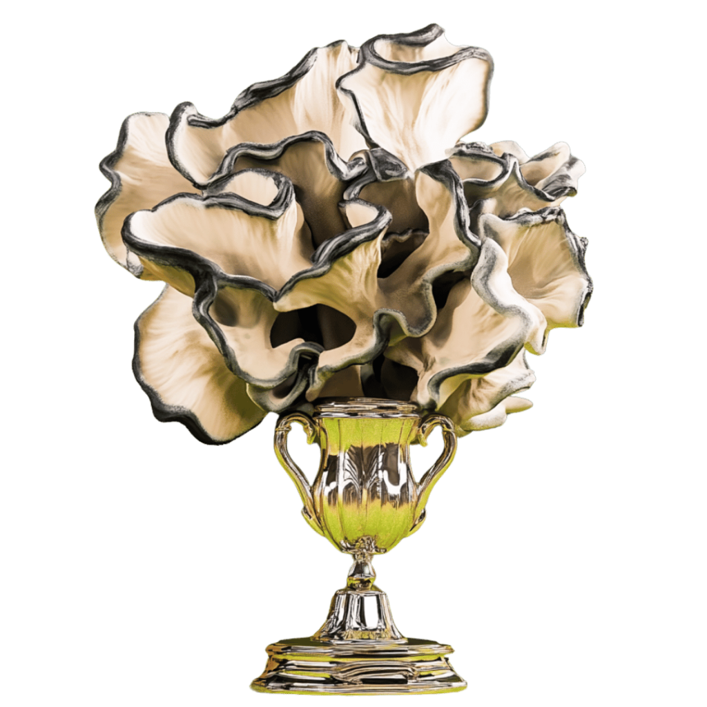 A creative depiction of the enigma mushroom winning the hyphae cup