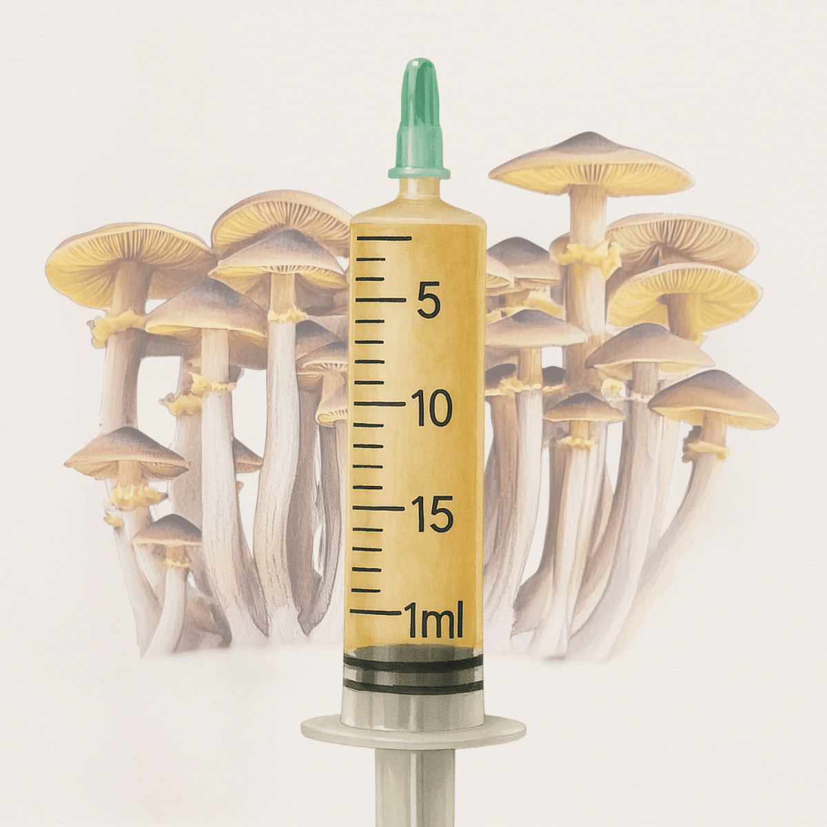 watercolor depiction of golden teacher mushroom liquid culture