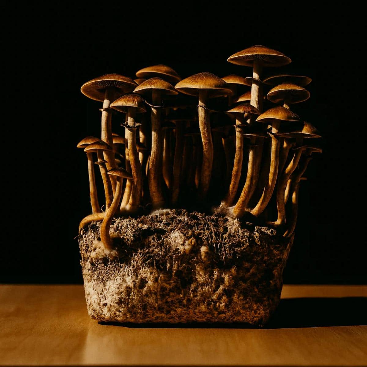 Golden teacher mushrooms growing on a substrate