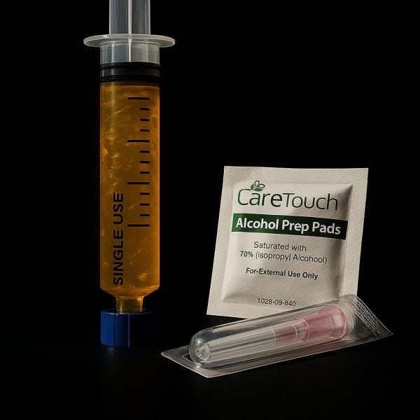 Mushroom liquid culture next to alcohol pad and sterile implement, product photo style