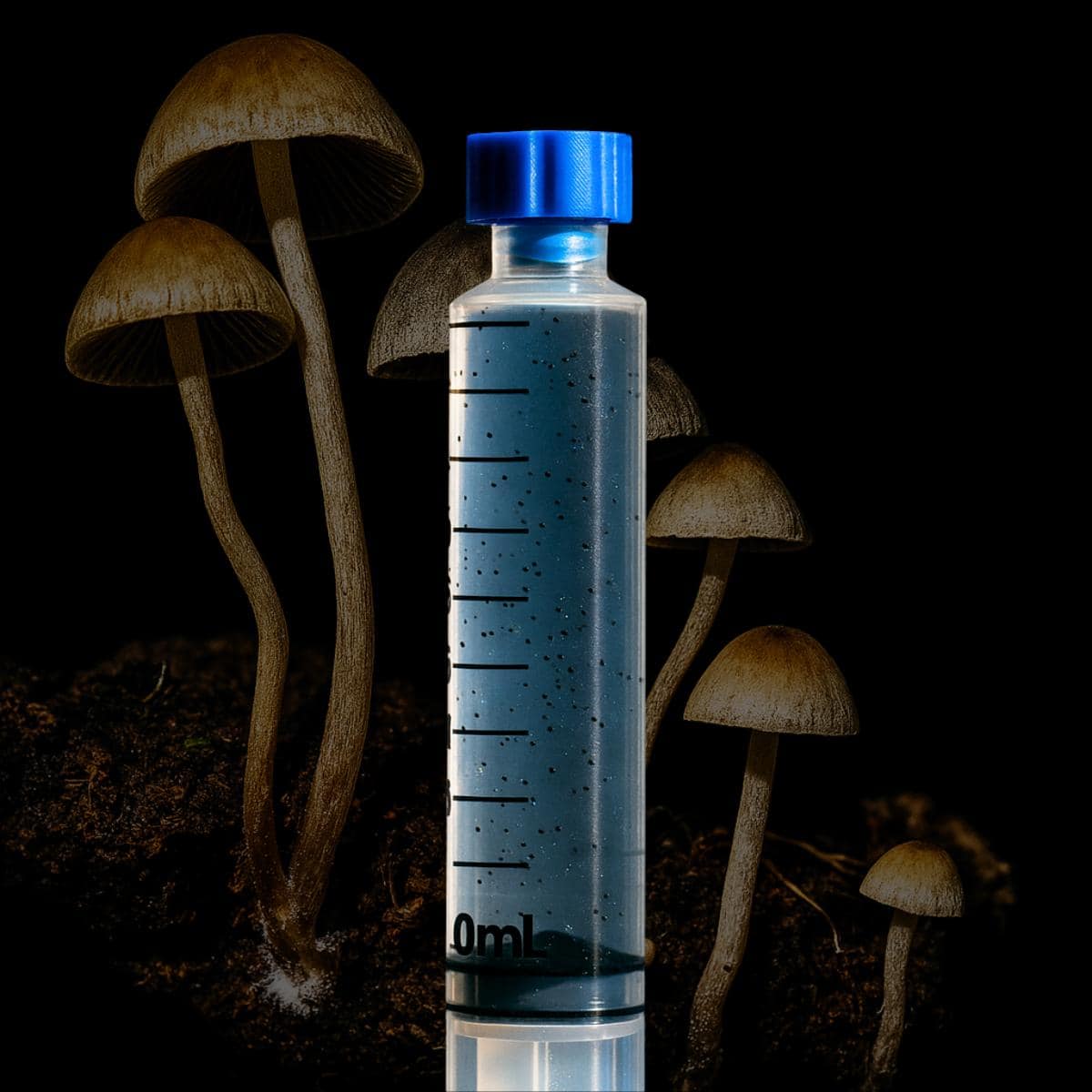 A depiction of Blue Meanie mushroom spores inside a spore syringe