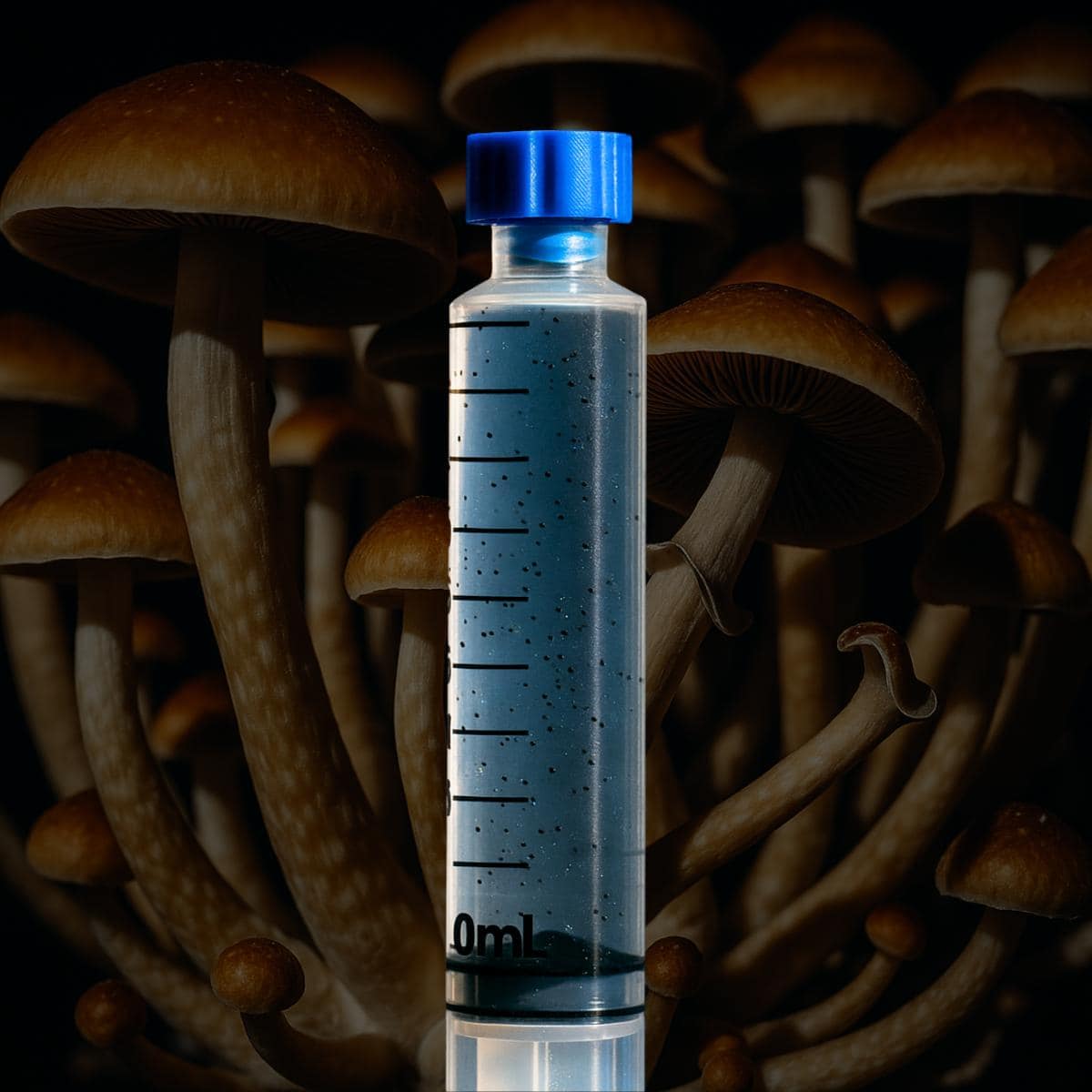A depiction of golden teacher mushroom spores inside a spore syringe