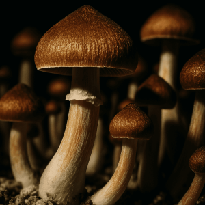 A closeup of Jedi Mind Fuck mushrooms, grown from spores