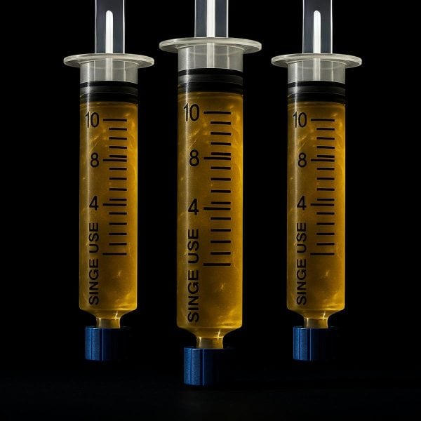 Three liquid culture syringes in front of black background