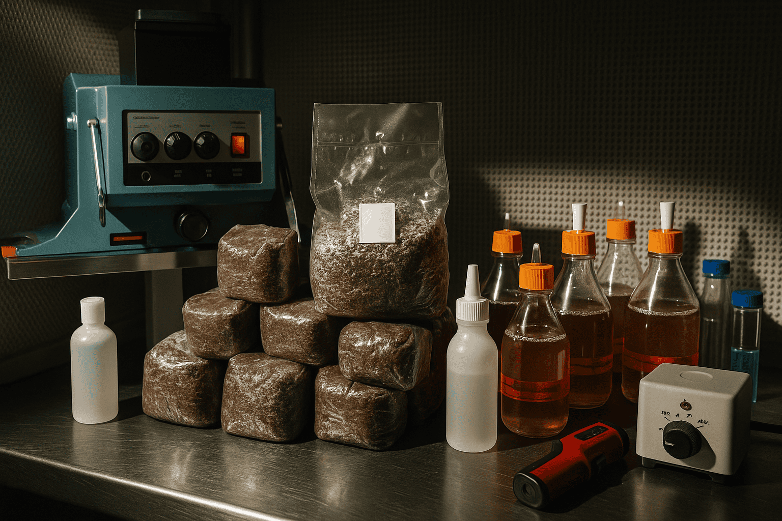 a variety of mushroom lab equipment sitting within a laboratory like setting