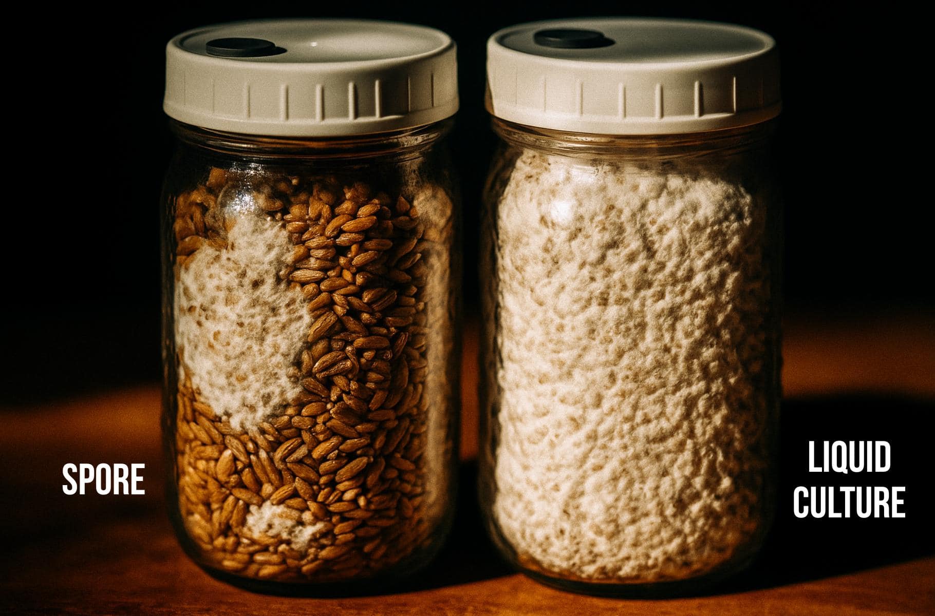 colonization speed comparison visual showing liquid culture at 10-14 days vs spore syringe at 21-28 days