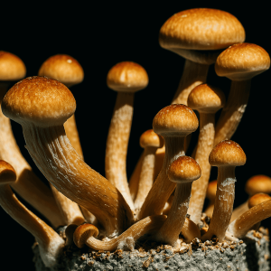 A cluster of B plus mushrooms, grown from spores
