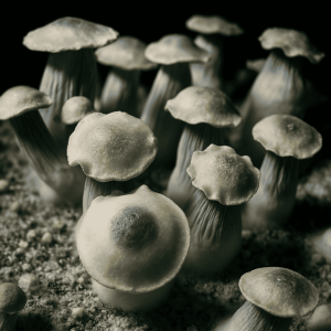 A cluster of Ghost mushrooms, grown from spores