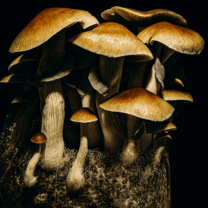A cluster of stargazer mushrooms, grown from spores