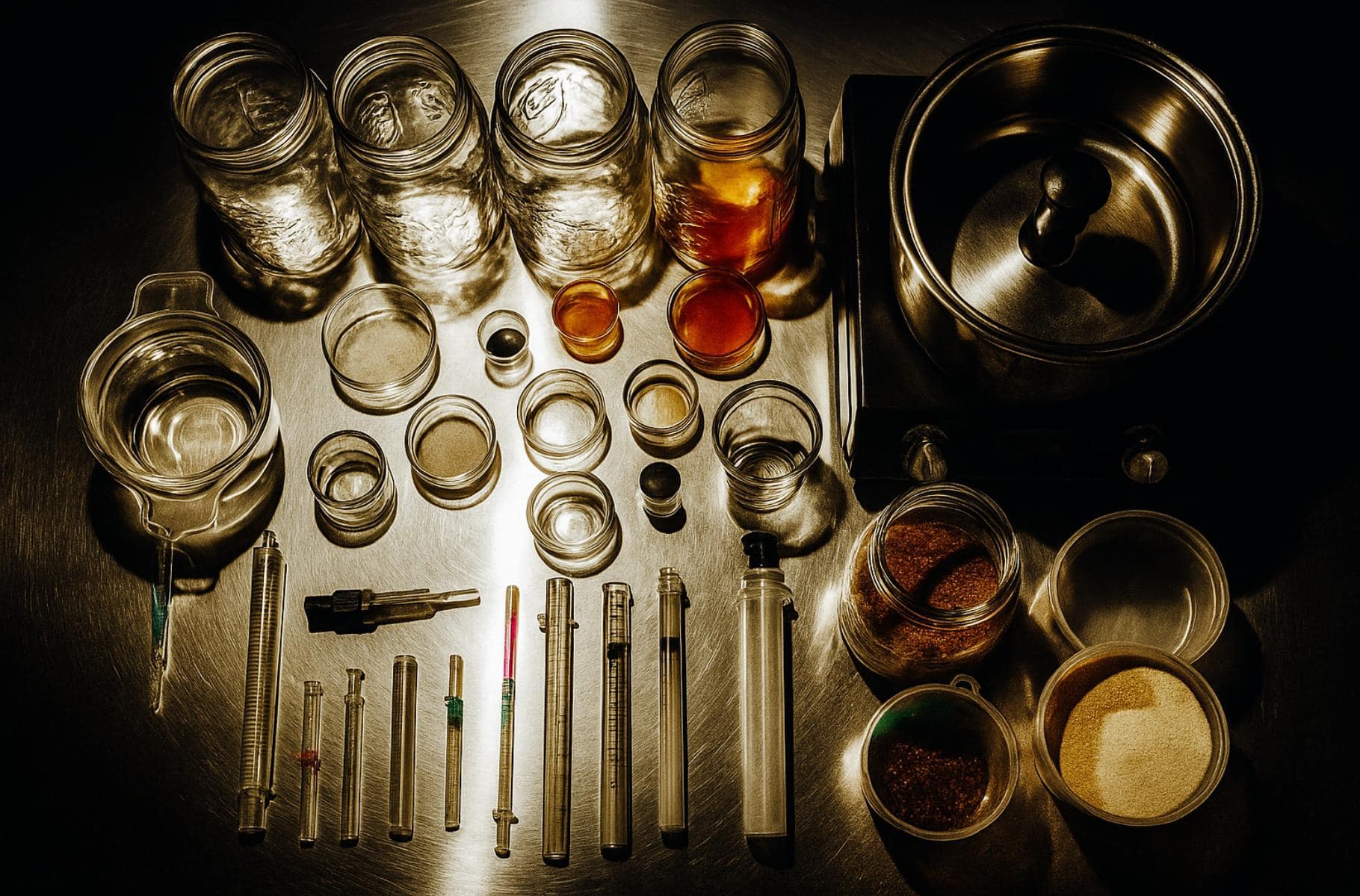 Complete liquid culture preparation equipment setup including sterilization tools, culture media, and measuring instruments