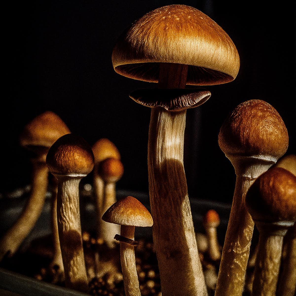 A cluster of Psilocybe cubensis mushrooms