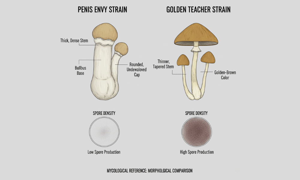 A comparison chart of penis envy mushrooms and golden teacher mushrooms including spore deposits