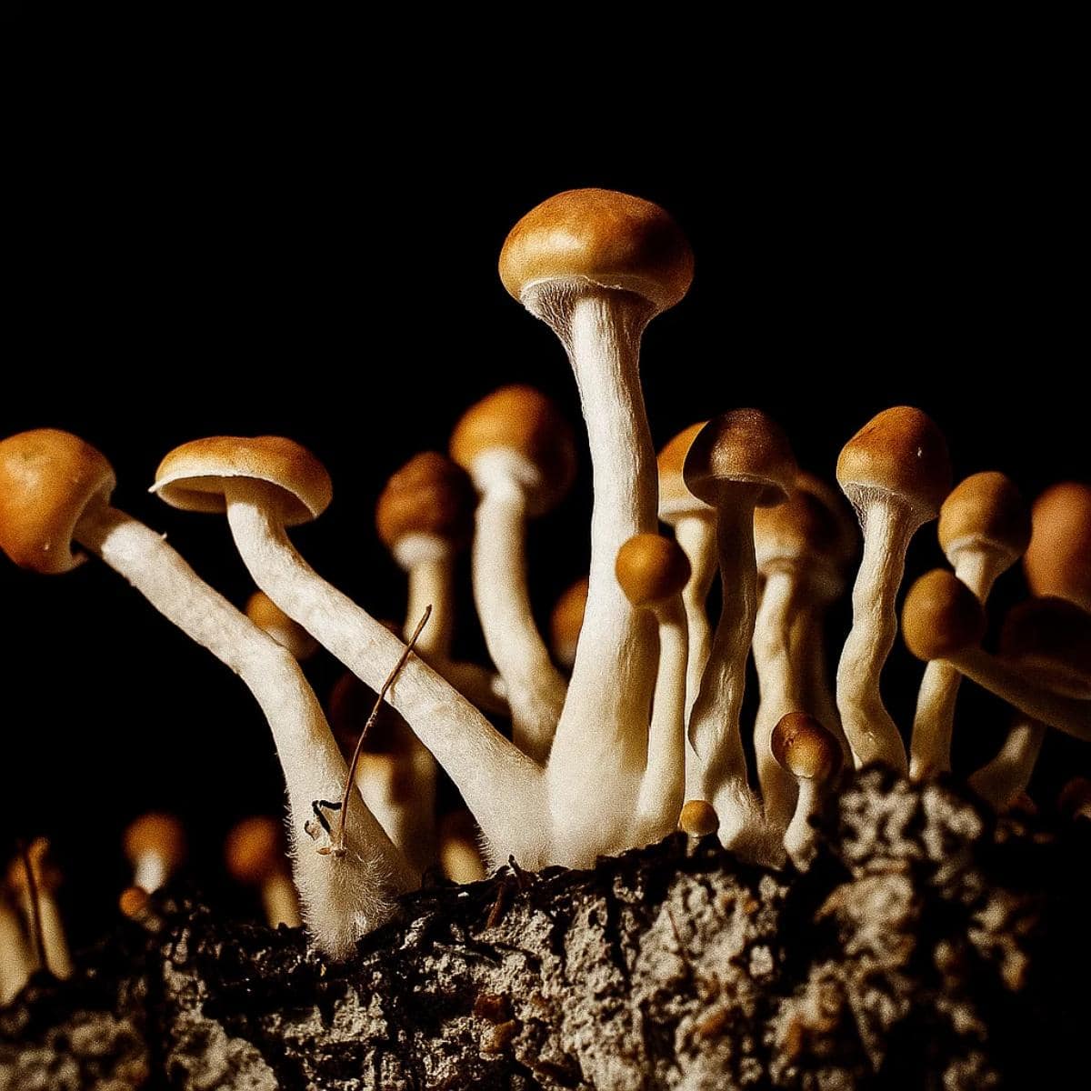 B plus mushrooms growing on a substrate