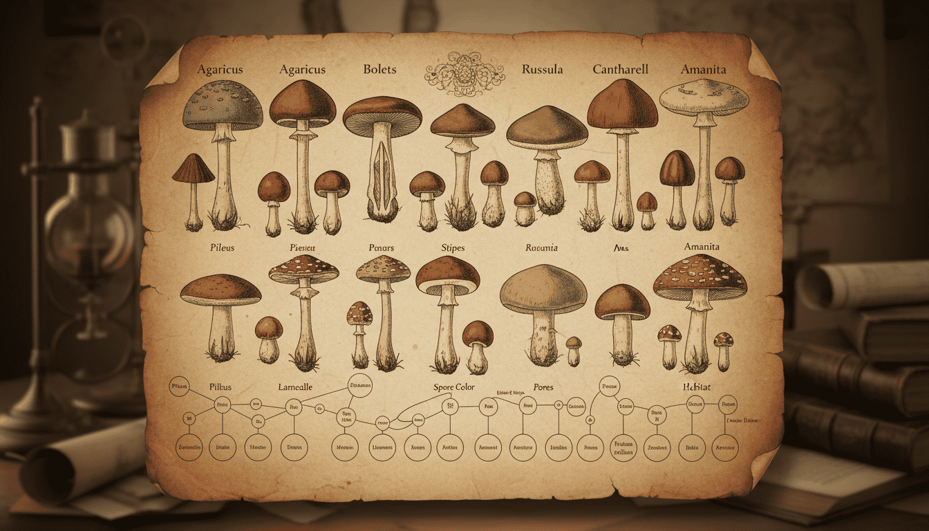 Historical botanical illustration of mushroom taxonomy and classification