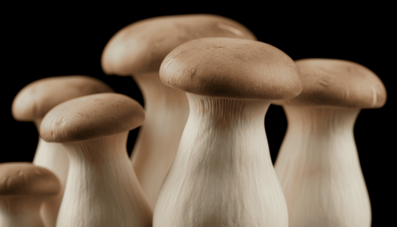 Fresh king oyster mushrooms displaying thick white stems and small brown caps