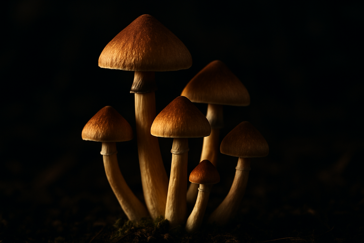 Hero image showing psilocybin mushrooms in a natural, anxiety-free environment dark environment