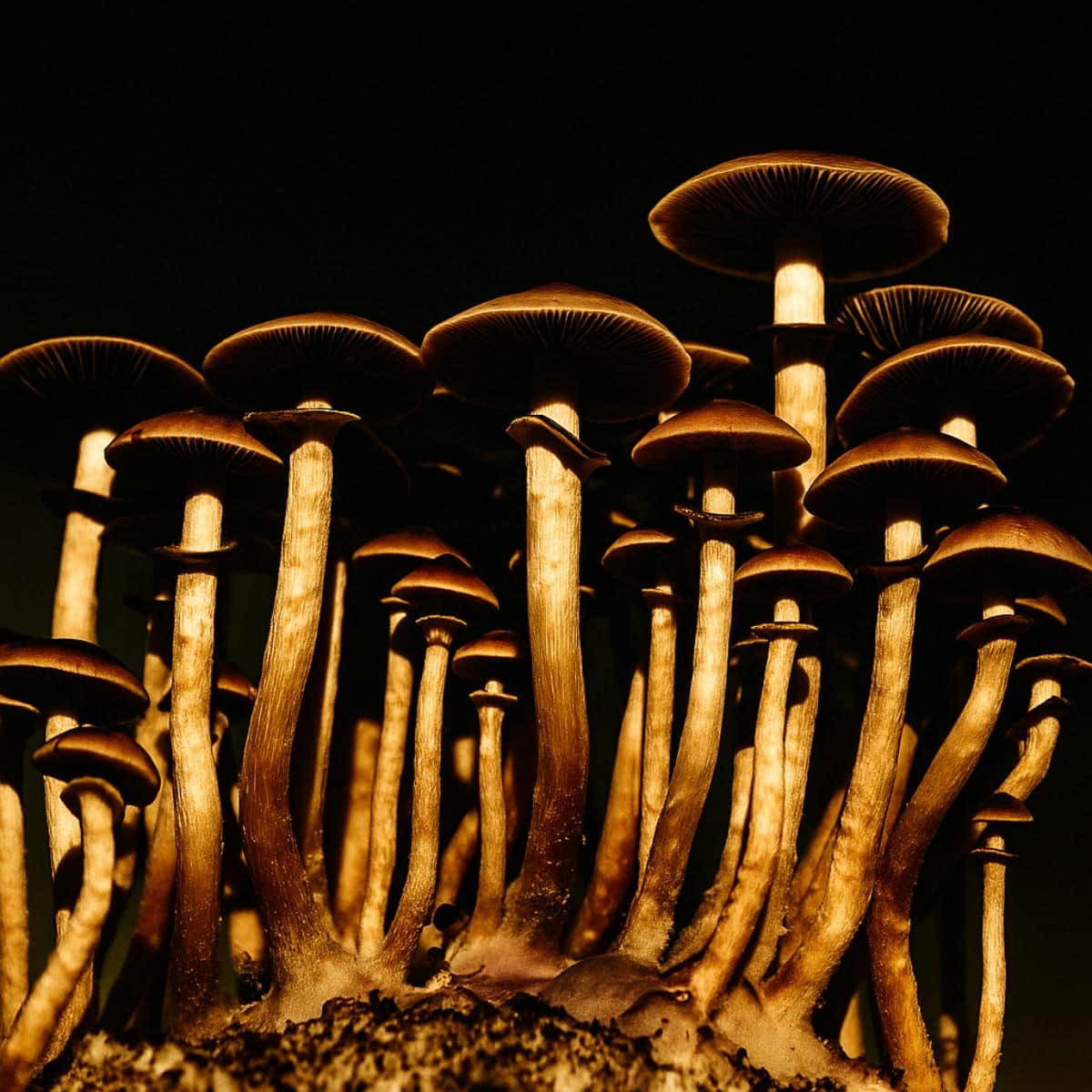 cluster of golden teacher mushrooms viewed from below