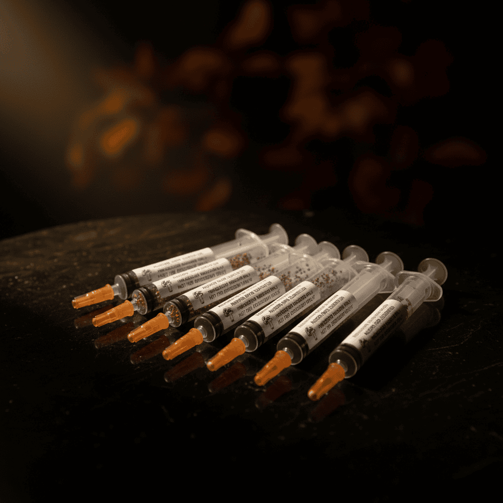 A visual representation of spore syringes for an article about how long mushroom spores last