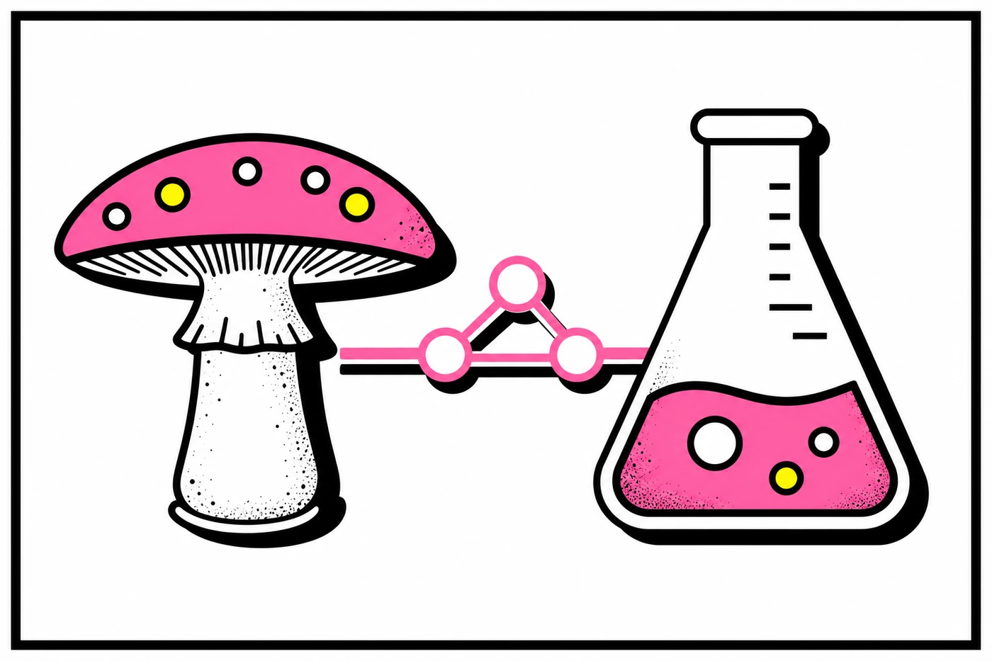 Stylized mushroom and laboratory flask representing the natural psilocin and synthetic metocin distinction.