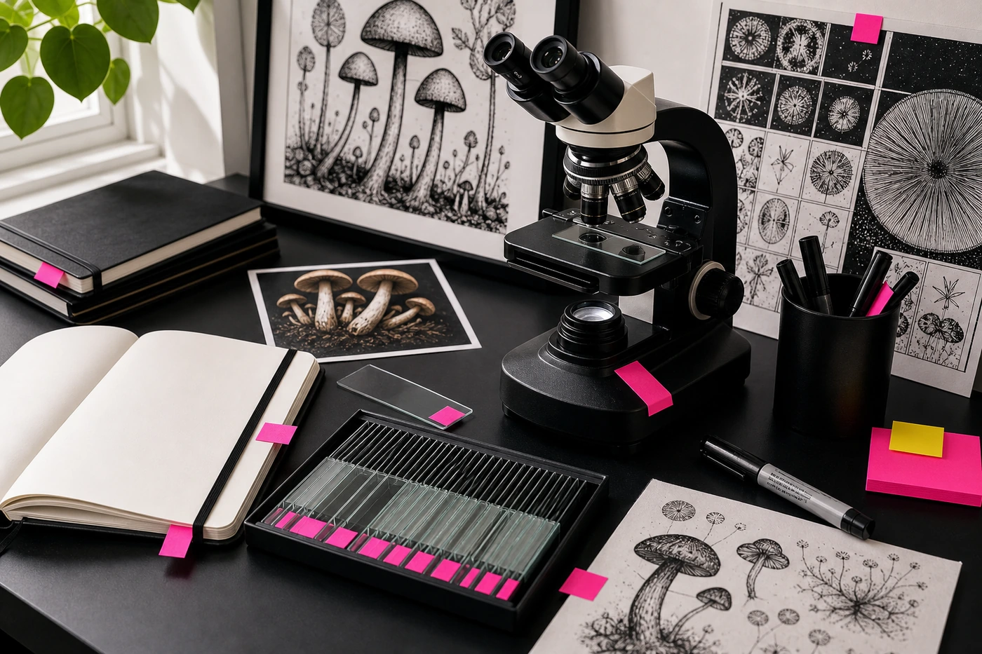 Mycology research desk with microscope, glass slides, notebook, and mushroom reference illustrations.