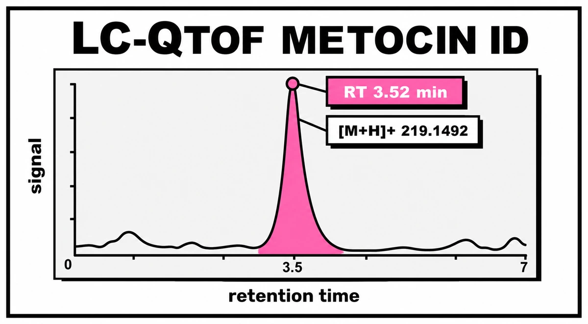 Stylized liquid chromatography chromatogram showing the metocin peak with retention time and exact mass annotated.