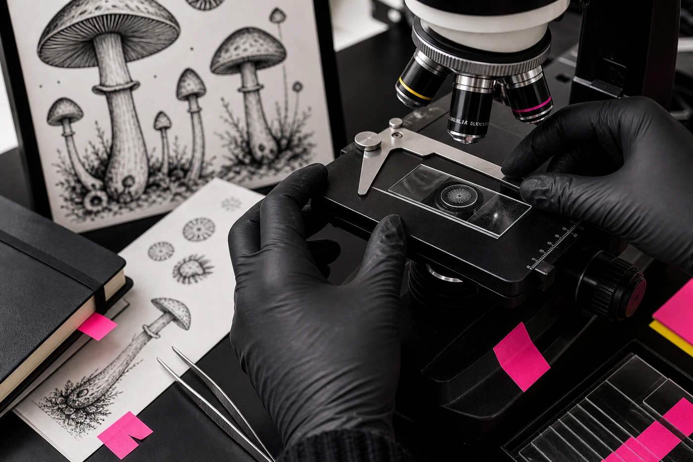 Gloved hands positioning a glass slide on a microscope stage for mushroom spore microscopy research.