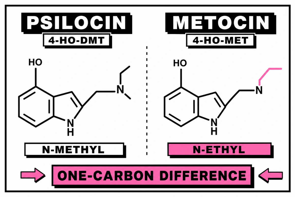 Chemical structures of psilocin and metocin shown side by side with the one-carbon difference highlighted.