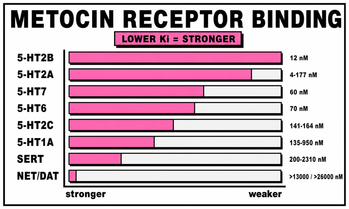 Bar chart showing metocin binding affinity Ki values across serotonin receptor subtypes including 5-HT2A, 5-HT2B, and 5-HT2C.